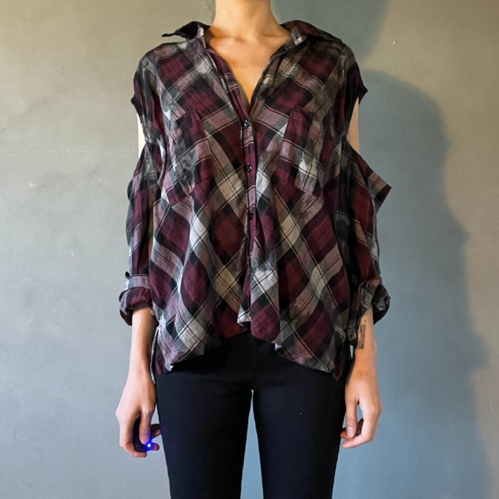 Enza Costa Overwashed Burgundy Plaid Cotton Voile Cutout Button Down Shirt - XS